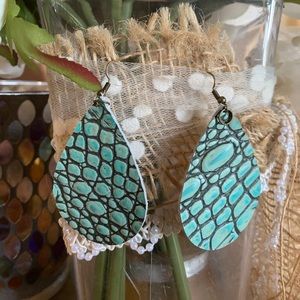 Turquoise leather textured teardrop earrings.